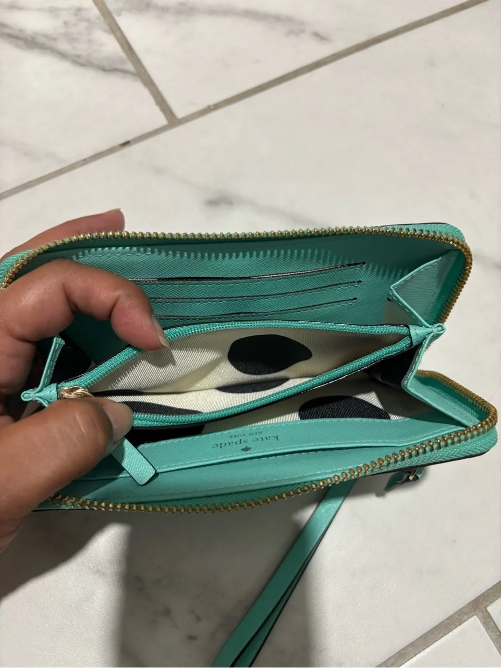 kate spade turquoise zip around wallet with gold hardware